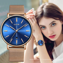 Relógios de quartzo feminino da marca LIGE com malha de ouro rosa em aço inoxidável vestido charme feminino Relógio de pulso de luxo 9922
